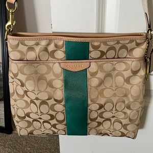 Like new tan with green stripe crossbody purse- Coach (authentic)